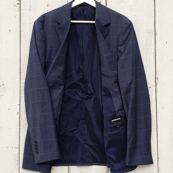 Bonobos Navy Blue Windowpane Wool Suit Men's Blazer Jacket 40R / 33 Pants Slim - Picture 11 of 16